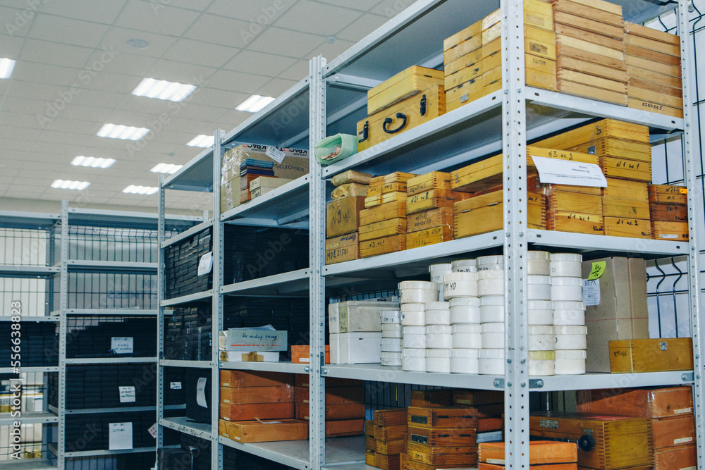 product warehouse in the store. Shelves in the back room. Retail