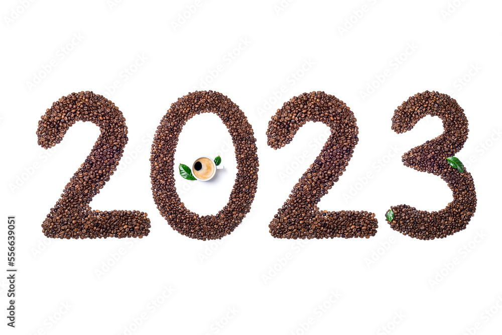 New Year 2023 made of coffee beans on white background. 2023 coffee background. Coffee drink, coffee shop, cafe, advertising concept. Copy space New Year 2023 made of coffee beans on white background. 2023 coffee background. Coffee drink, coffee shop, cafe, advertising concept. Copy space