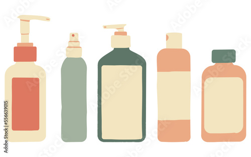 Set of skincare isolated objects: bottles with dispenser for lotion, foam, cream, liquid soap, etc. Hand-drawn cosmetic product pack with lettering. Flat vector illustration