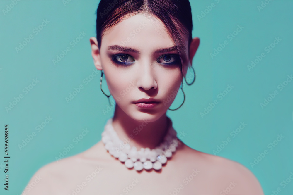 Fashion portrait of a confident female. A model wears a halterneck outfit and a glamorous necklace. Space for text. Fashion portrait of a confident female. A model wears a halterneck outfit and a glamorous necklace. Space for text.
