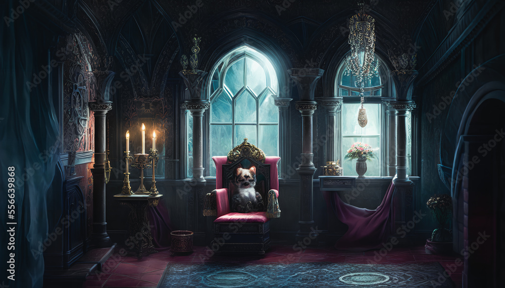 Cat is depicted seated on a throne in a royal chamber. Generative AI Cat is depicted seated on a throne in a royal chamber. Generative AI