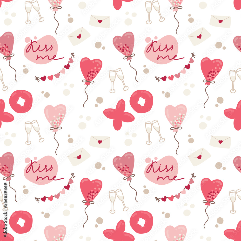 Romantic seamless pattern on a white background with pretty hand drawn elements about love. Modern illustration for Valentines Day or anniversary