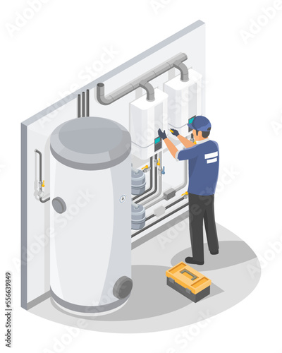 Technician or plumber on Gas boiler Water Heater install or Repair and Maintenance Home Service isometric isolated vector