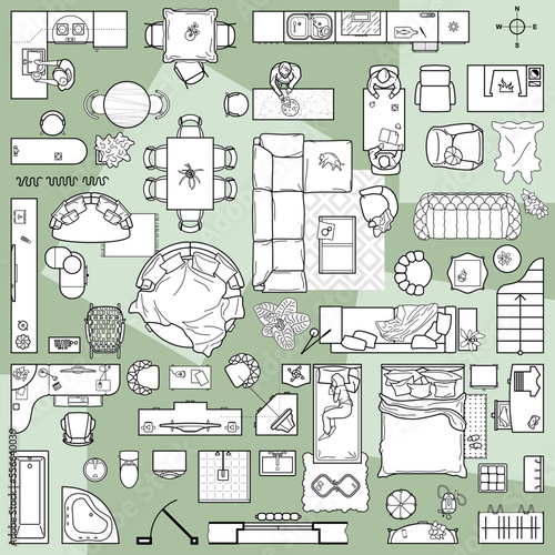 Collection of furniture and equipment top view for house plan. Interior icons set for bathrooms and living room, kitchen and bedroom (view from above). Vector blueprint for apartment floor plan