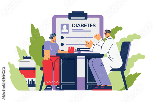 Doctor explains dietary and medical rules for diabetes to a patient, flat vector.