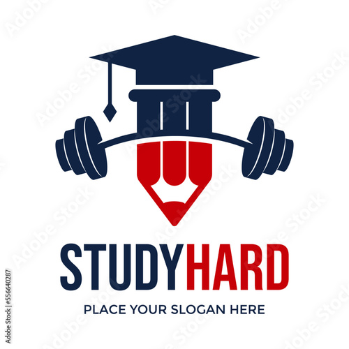 Study hard vector logo template. This design use barbell and student symbol. Suitable for education.