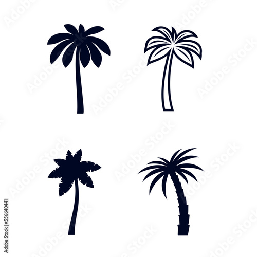 Set of African Rainforest Coconut Trees or Tropical Palm Trees on White Background. Simple Black Silhouette for Eco Floral Logotype Emblem in Retro Art  or Travel Logo Design