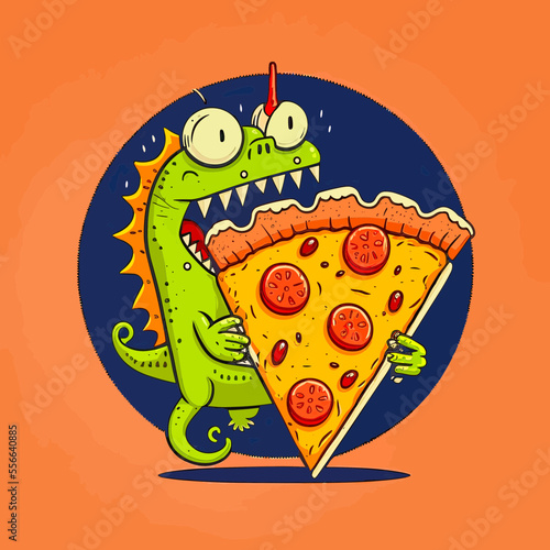 A cute little monster eating a slice of pizza