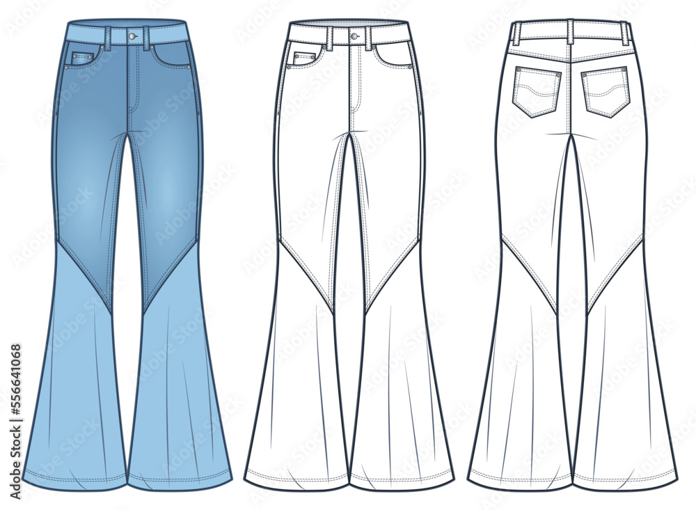 Flared Jeans Pants technical fashion illustration. Denim Pants fashion ...
