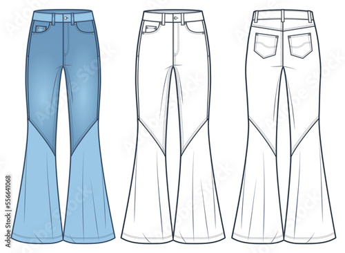 Flared Jeans Pants technical fashion illustration. Denim Pants fashion technical drawing template, medium waist, flared fit, full length, front, back view, white, blue, women, men, unisex CAD mockup. 