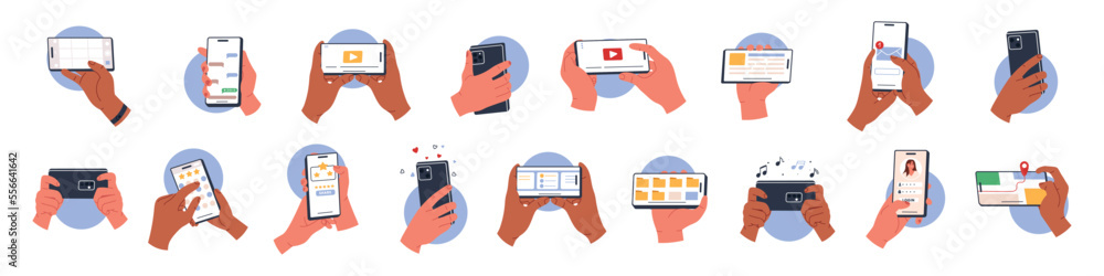 Bundle of multiracial hands holding mobile. People with phone in hands concept. White smartphone screen. Flat vector illustration isolated on white background Bundle of multiracial hands holding mobile. People with phone in hands concept. White smartphone screen. Flat vector illustration isolated on white background