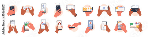 Hands holding smartphone set. People using different applications. Hands holding mobile phone for work and rest. People handling cellphones. Flat vector illustration isolated on white background
