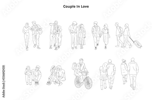 Couple in love, people line cad art. Vector illustration of teenager men and women standing walking talking sitting, bike in front back and side view. Symbol for architecture and landscape design draw