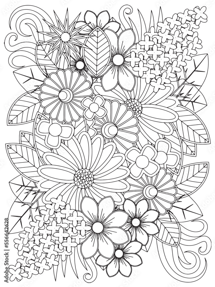 Coloring page in black and white for coloring book. Leafs and flowers ...