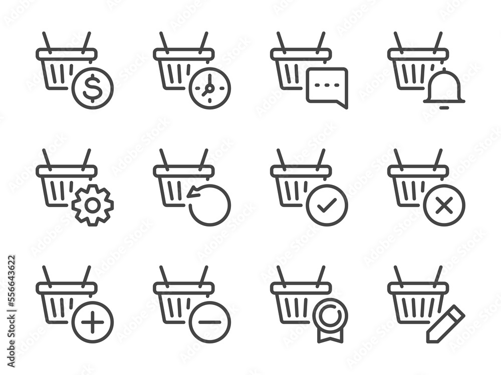 Shopping cart and Customer's basket line icons. Online purchase settings, Checkout process and Store product vector outline icon set.