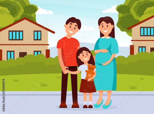 Happy family couple with daughter walking outdoors. Pregnant woman  husband and their daughter standing together in front of their house cartoon