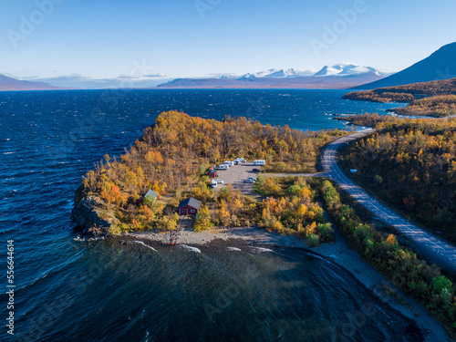 Vászonkép aerial Car Camping Caravan parking lake Abisko national park Bjoerkliden swedish
