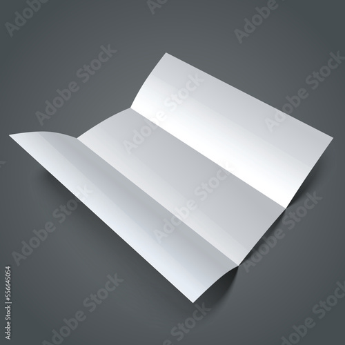 Blank shiny paper tri-fold brochure mock-up with realistic shadow on dark grey background