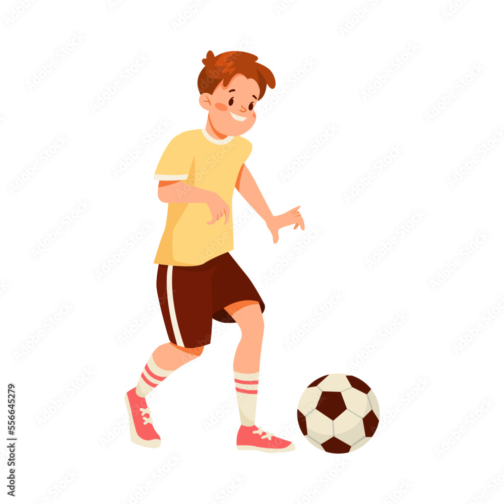 Teen Boy Character Playing Football Doing Sport Exercise Vector Illustration