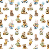 Watercolor seamless pattern with vintage multicolor happy birthday animals in clothes and presents isolated on white background. Hand drawn illustration sketch