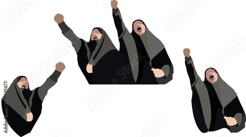 Figures of Muslim women protesting with raised fists-