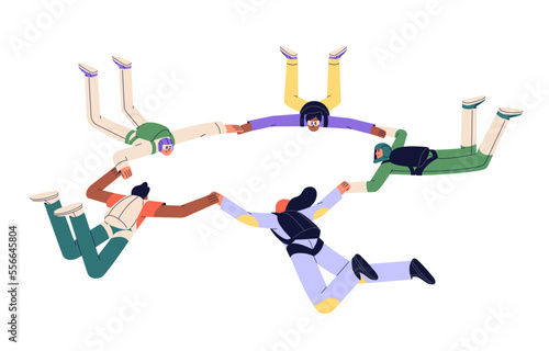 Team, group of friends parachuting together. Sky divers skydiving, jumping down, holding hands, floating. Skydivers flying, free fall. Flat graphic vector illustration isolated on white background