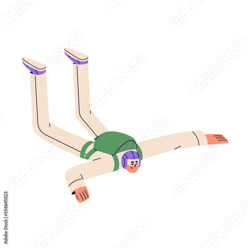 Skydiver floating. Sky jumper skydiving, parachuting, flying in suit with backpack. Extreme air diver, parachutist jumping, falling down, soaring. Flat vector illustration isolated on white background