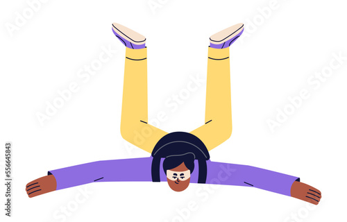 Skydiver floating, flying in free fall. Sky jumper parachuting skydiving. Extreme parachutist jumping, falling down, soaring in air in funny pose. Flat vector illustration isolated on white background