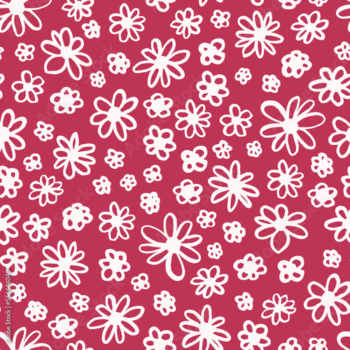 Viva Magenta flowers vector seamless pattern. Color of the year 2023 Ditsy style.
