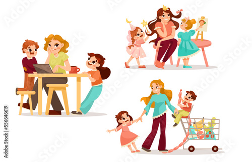 Tired Parents with Naughty Children Playing Around Vector Set