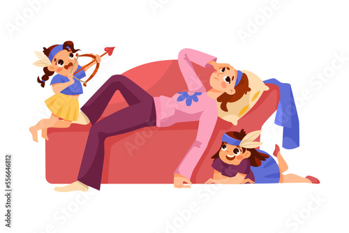 Tired Mom Lying on Sofa and Naughty Capricious Daughter Playing Around Vector Illustration
