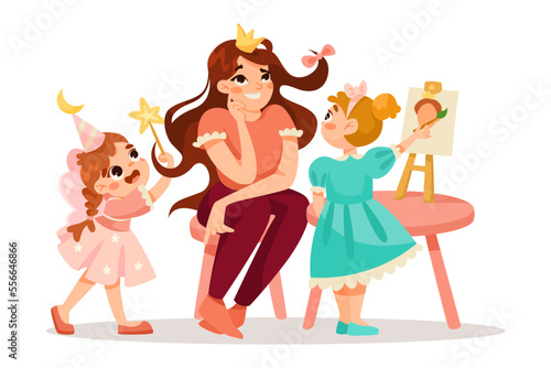 Tired Mom with Daughters Playing Around Vector Illustration