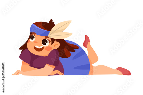 Naughty Little Girl Lying on the Floor with Feather Band on Her Head Vector Illustration