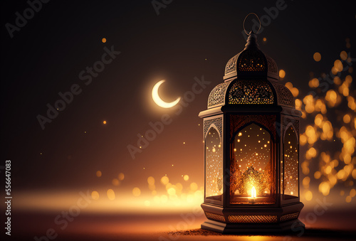  Arabic Lantern with bokeh, Neon light background 