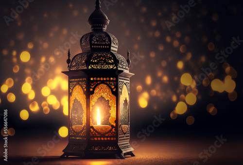 Muslim Holy Month Ramadan Kareem Arabic Lantern with bokeh, Neon light background