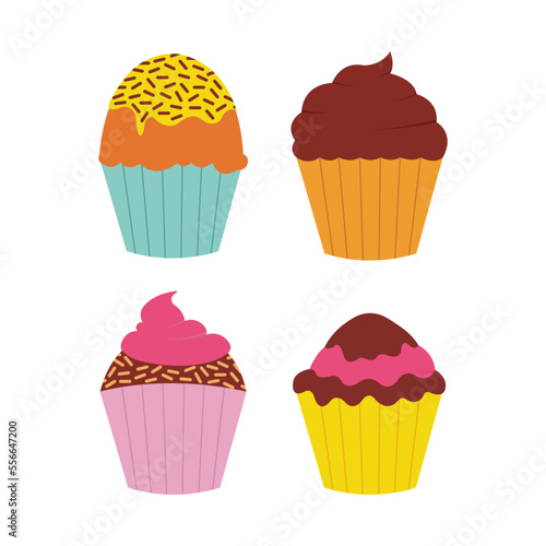 Set cupcakes with cream. Sweet pastries decorated. Vector illustration design.