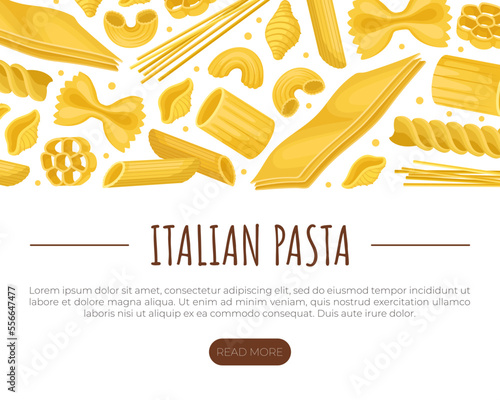 Italian pasta landing page template. Italian cuisine food, dry macaroni of various shapes web banner, website cartoon vector