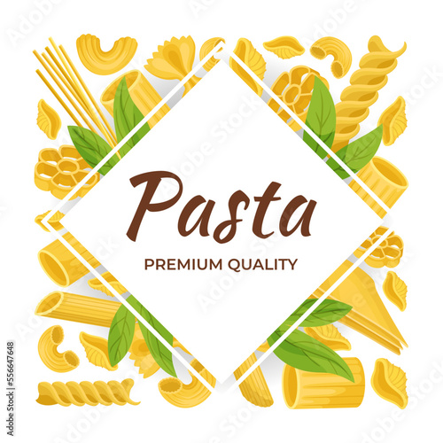 Premium quality pasta banner. Italian cuisine traditional food menu, flyer, card, packaging design cartoon vector