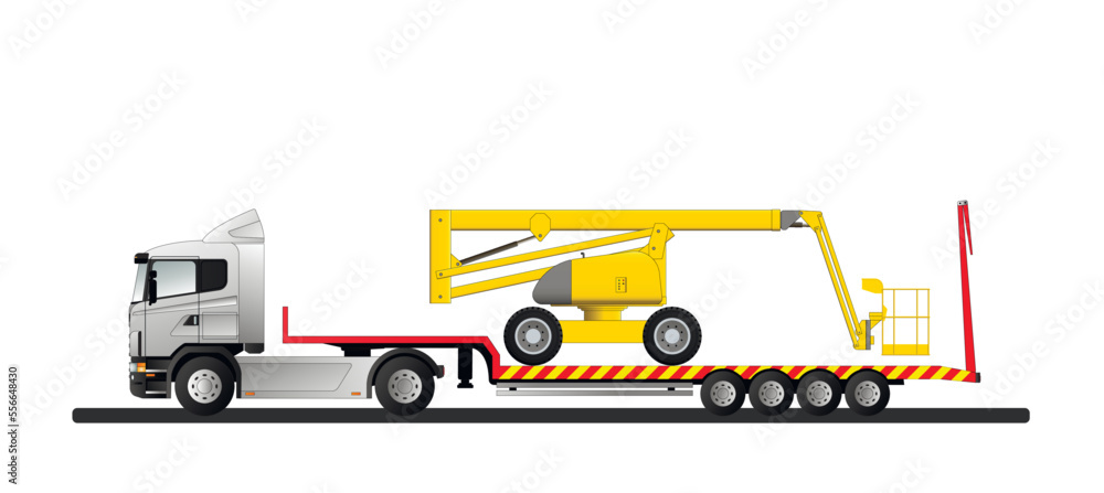 Transportation of a modern self-propelled aerial platform on a European truck with a low-bed semi-trailer.