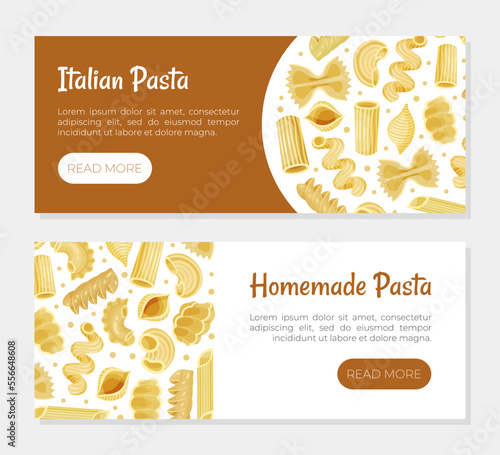 Italian homemade pasta web banner templates set. Traditional product of Italian cuisine website, landing page design cartoon vector