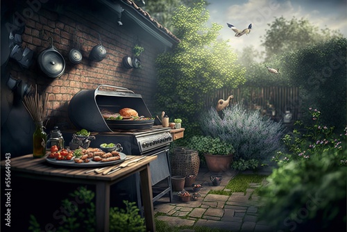 outdoor garden grill. grilling meats on charcoal photo