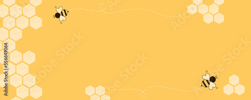 Beehive honey sign label with hexagon grid cells and cute bee cartoon on yellow background vector.
