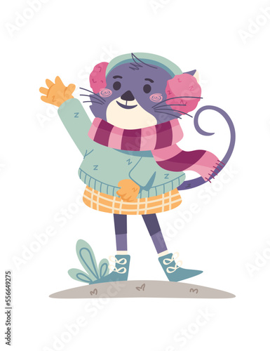 Wallpaper Mural Cat in Winter Clothes - Hand Drawn - Winter Animal Torontodigital.ca