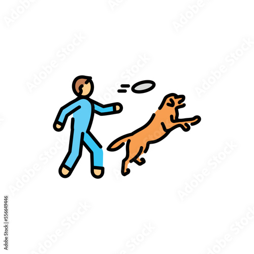Play with pet in frisbee color line icon. Dog training.