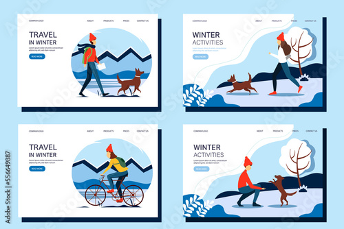 Set of winter activity web banners. The concept of an active and healthy lifestyle.