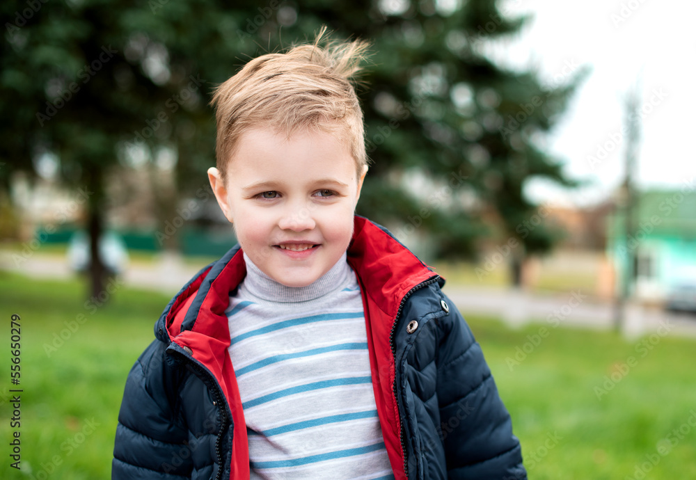 A handsome smiling little boy dressed in a sweater and a jacket stands on a background of green trees. The boy looks away. The photo is blurred A handsome smiling little boy dressed in a sweater and a jacket stands on a background of green trees. The boy looks away. The photo is blurred