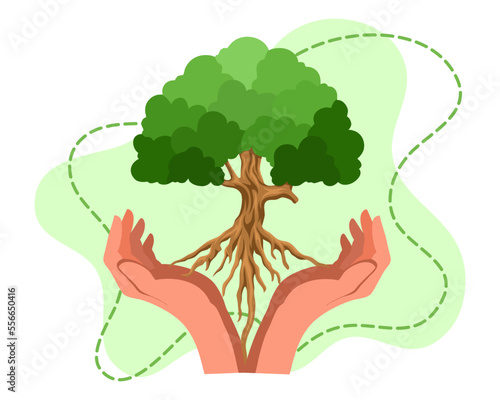 Hands with tree illustration, earth day. One million trees movement