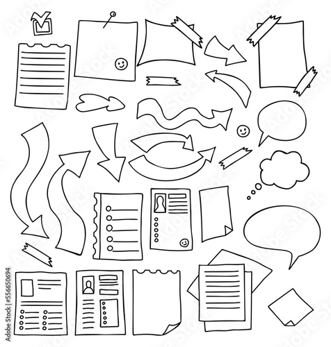 Collection sheets of text bubbles, arrows, note paper, planner and resume sheet, to do list, stickers, label and checkmark marker. Vector doodles. Isolated outline drawns.