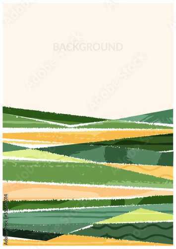 Abstract farm agriculture vertical template. Green field pattern, eco background, nature landscape vector illustration with texture. Farmland collage for leaflet, booklet. Ecology backdrop, card