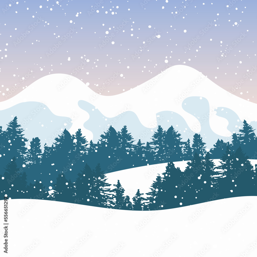 Winter landscape with mountains and forest. Falling snow. Vector illustration